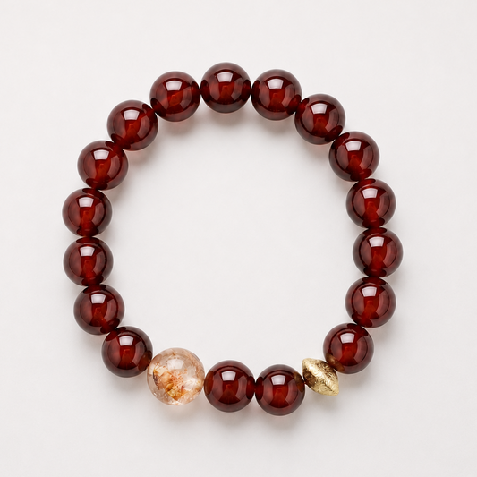 Red agate beaded bracelet with a translucent accent bead and gold-toned textured accent on a soft light gray background.