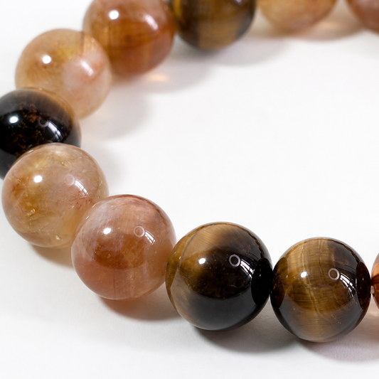 Close-up detail of Tiger Eye Smoky Quartz Golden Azeztulite Earth Glow Bracelet