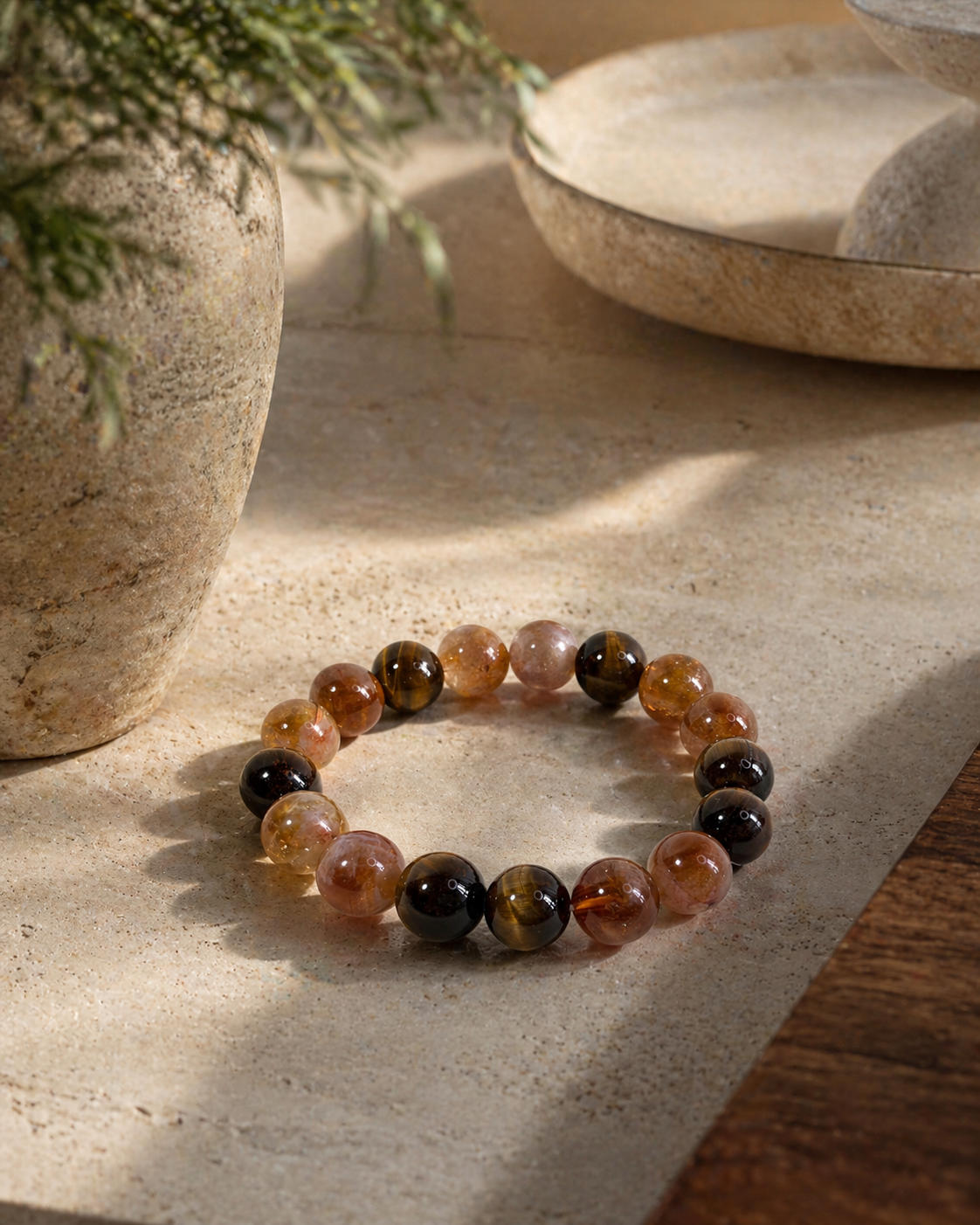 Tiger Eye Smoky Quartz Golden Azeztulite Earth Glow Bracelet styled in an earthy interior