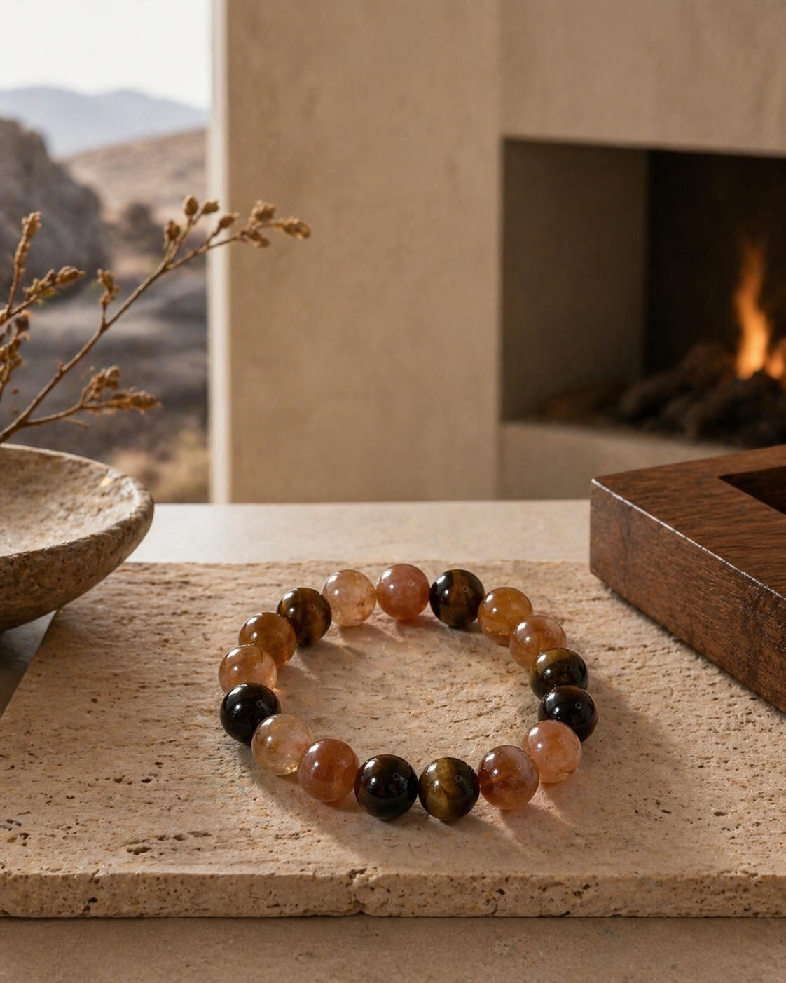 Tiger Eye Smoky Quartz Golden Azeztulite Earth Glow Bracelet displayed in a warm neutral setting