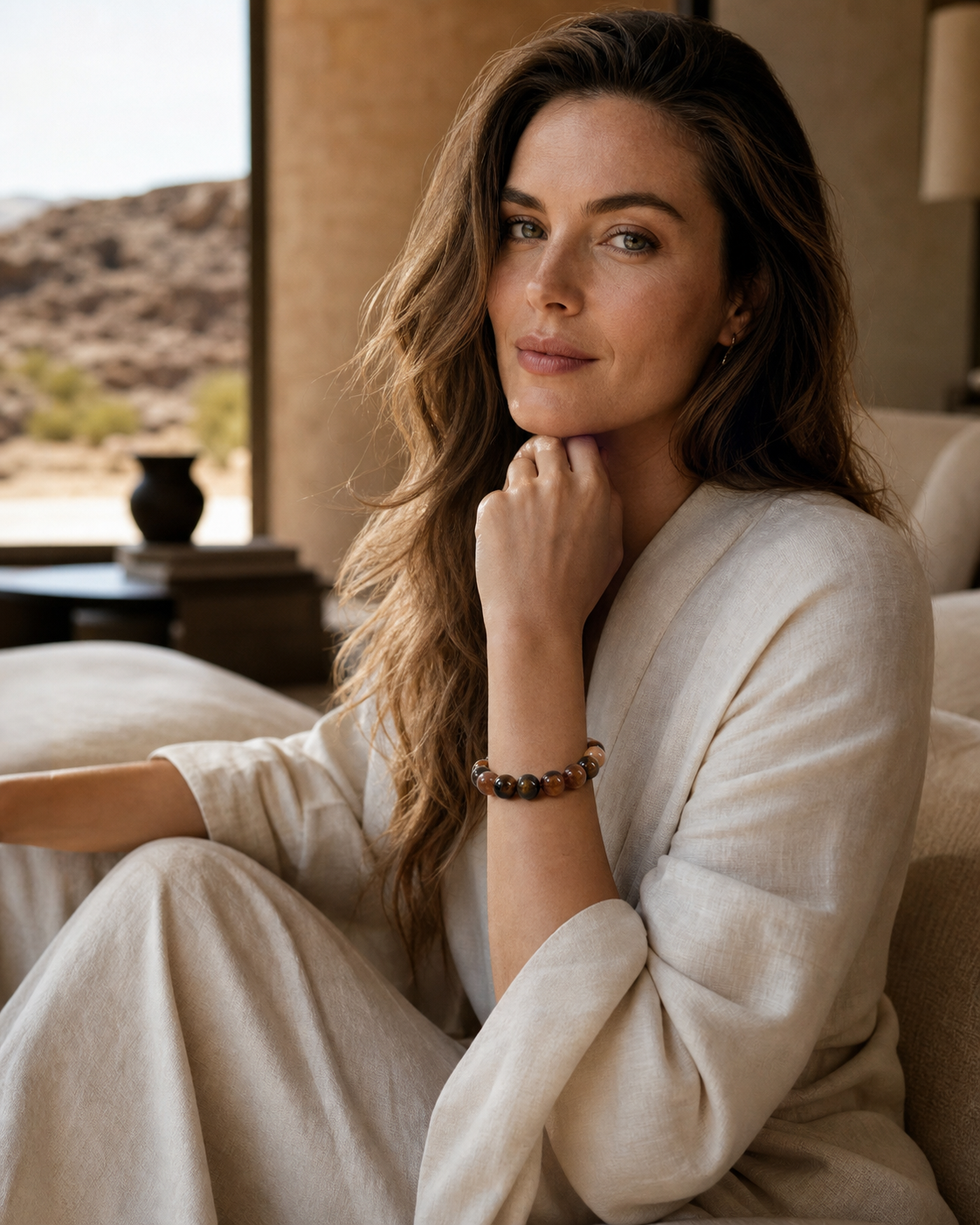 Lifestyle image of woman wearing Tiger Eye Smoky Quartz Golden Azeztulite Earth Glow Bracelet
