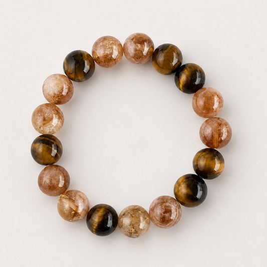 Tiger eye, smoky quartz, and golden-toned stone beaded bracelet on a soft light gray background.