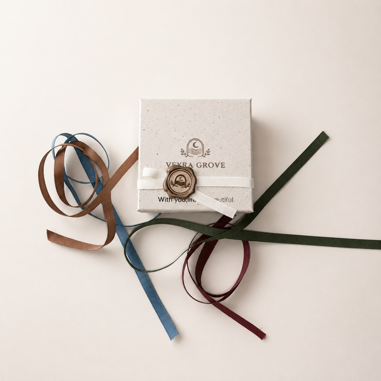 Gift-ready Veyra Grove packaging box with a white ribbon, wax seal, and colorful satin ribbons styled on a warm neutral background.