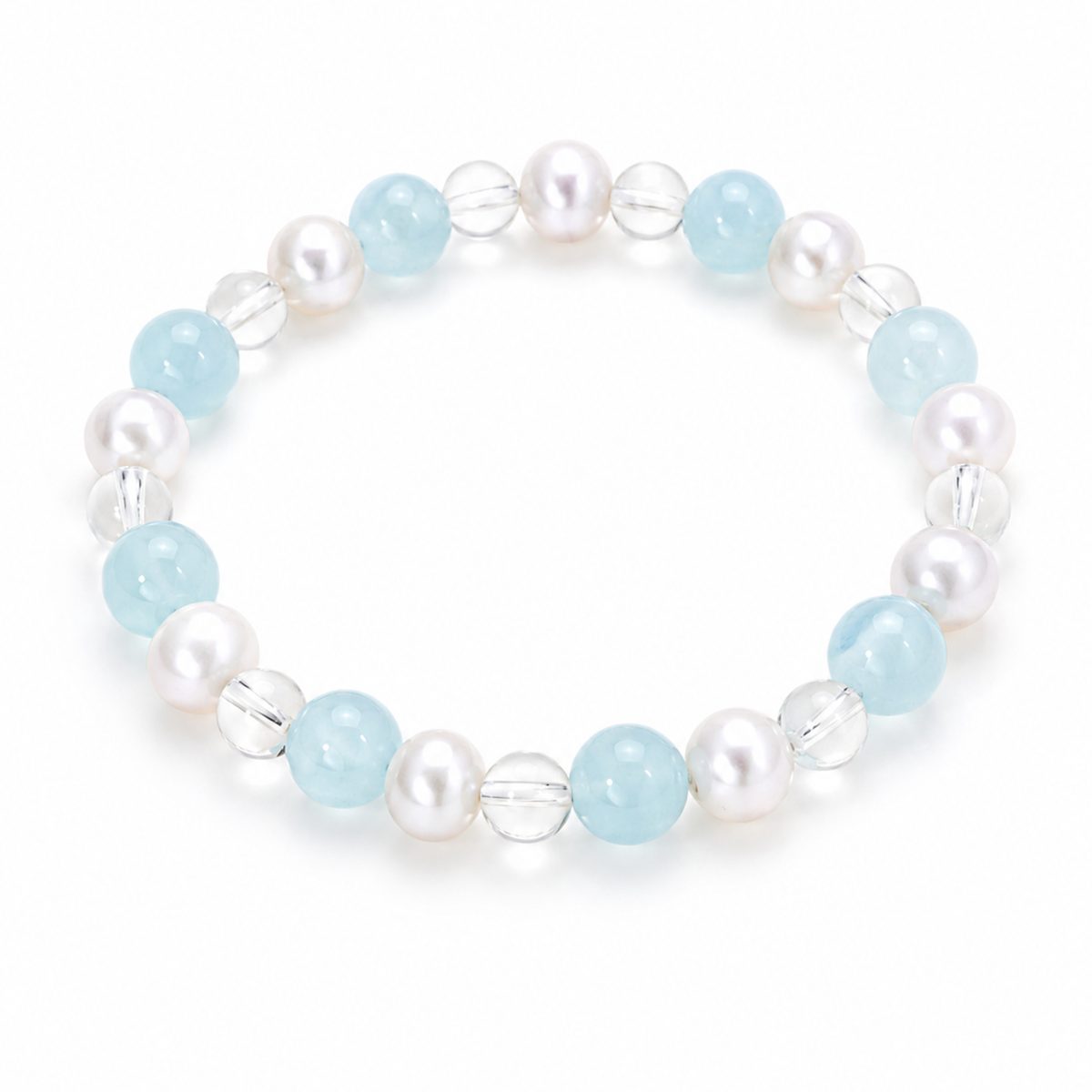 Clear quartz freshwater pearl bracelet with pale blue beads on white background by Veyra Grove