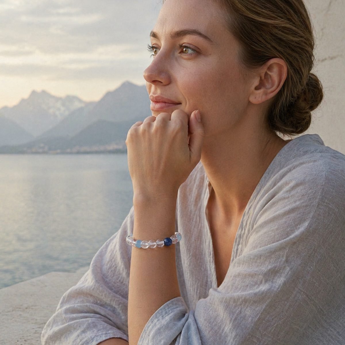 Blue kyanite moonstone bracelet worn by the lake with alpine dawn scenery