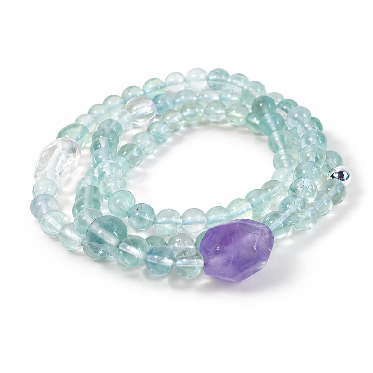 Green fluorite amethyst wrap bracelet on white background by Veyra Grove