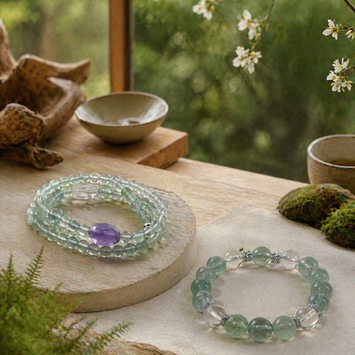 Green fluorite and amethyst wrap bracelet styled on a wooden tea table with natural greenery