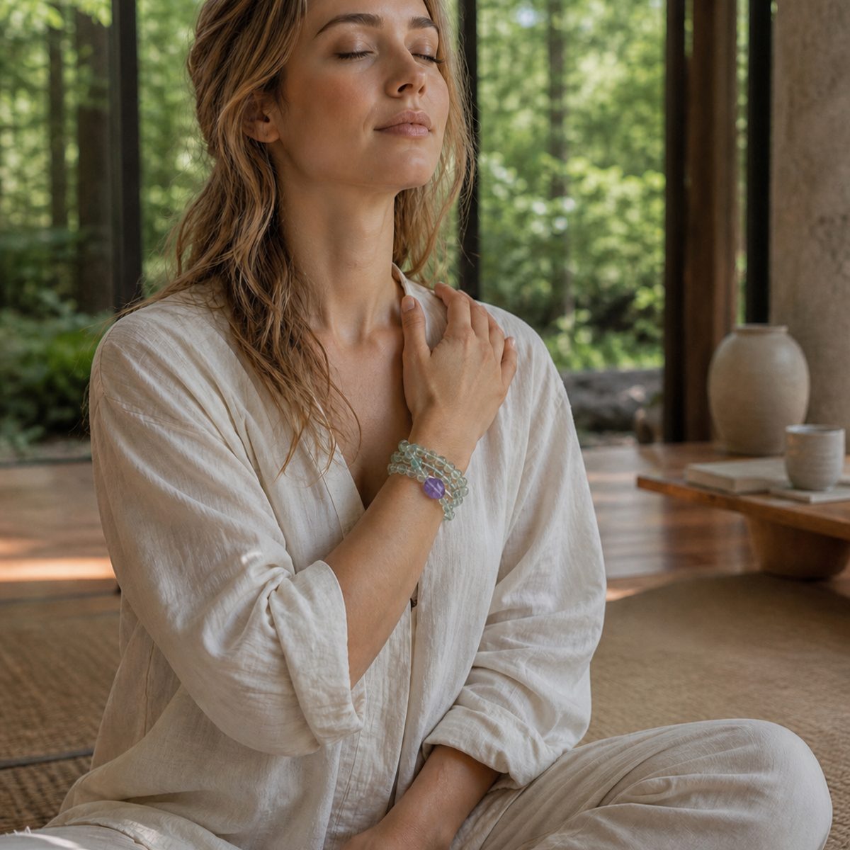 Green fluorite amethyst wrap bracelet worn in a calm natural interior setting by Veyra Grove