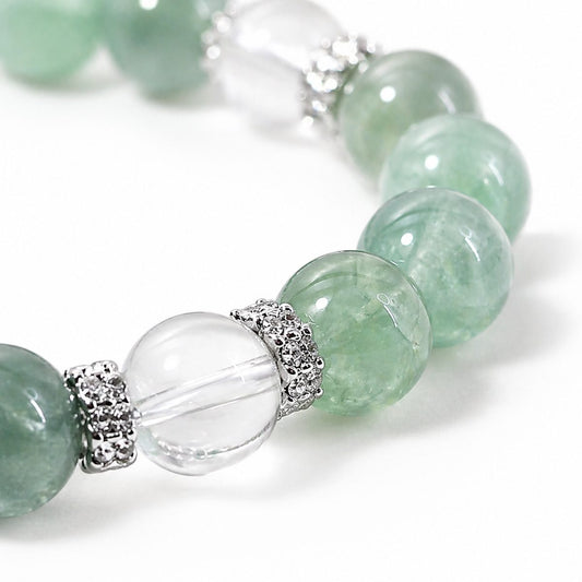 Close-up of green fluorite beads and clear quartz details on Veyra Grove bracelet