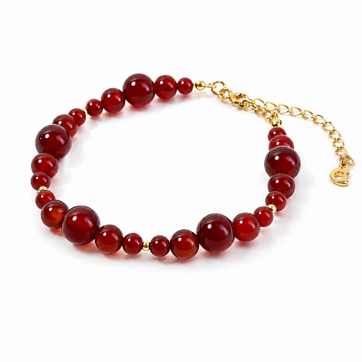 Red Agate Ember Line Bracelet with polished red agate beads and gold-tone chain on a white background.