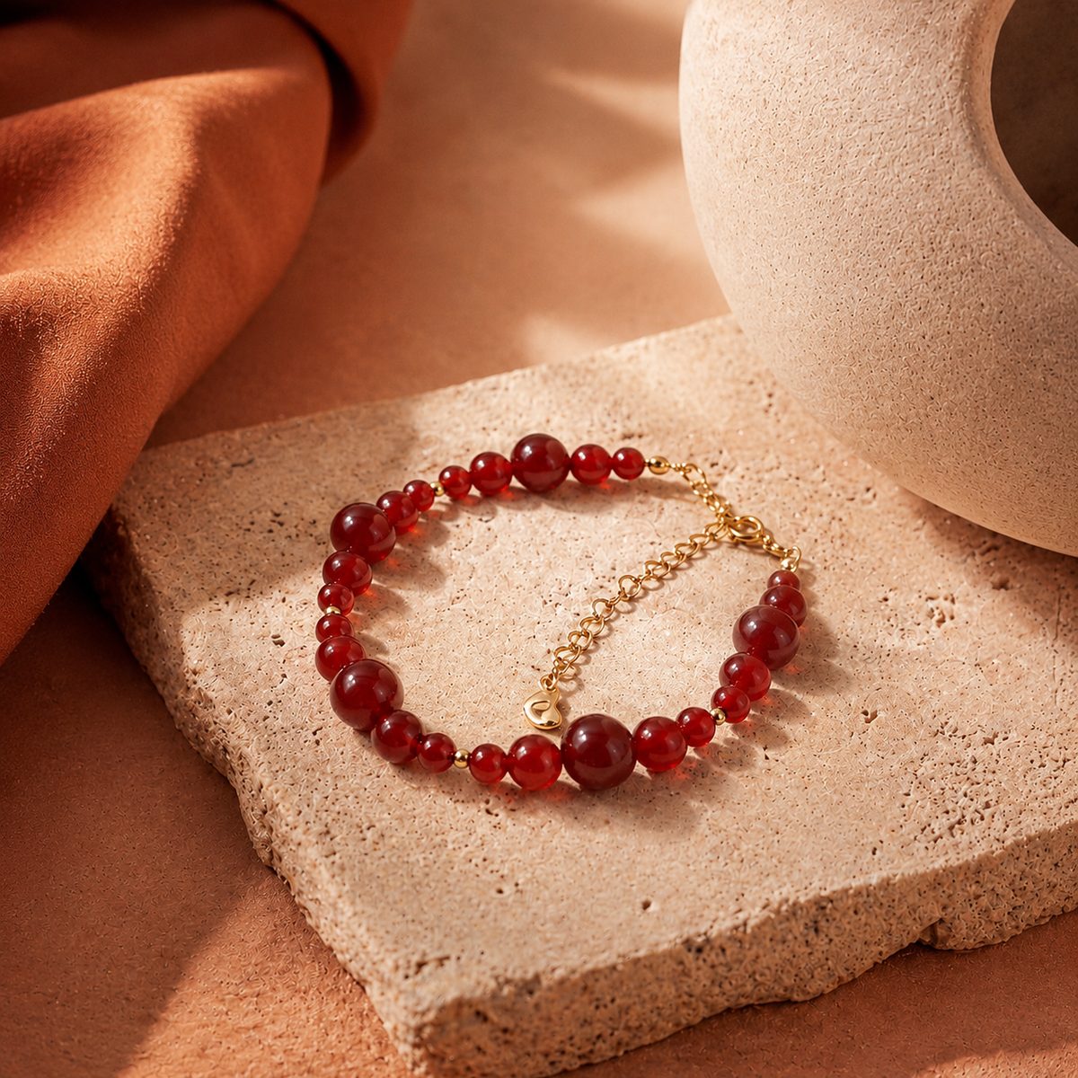 Red Agate Ember Line Bracelet styled on a soft neutral surface in a warm lifestyle setting.