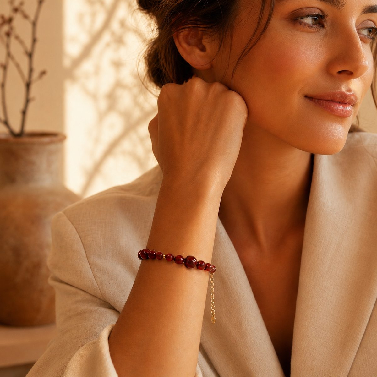 Close-up lifestyle image of model wearing Red Agate Ember Line Bracelet with warm neutral styling.