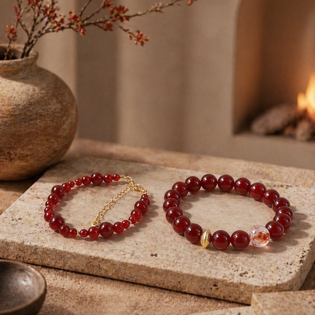 Red agate solar ember bracelet styled on natural stone with warm autumn interior lighting