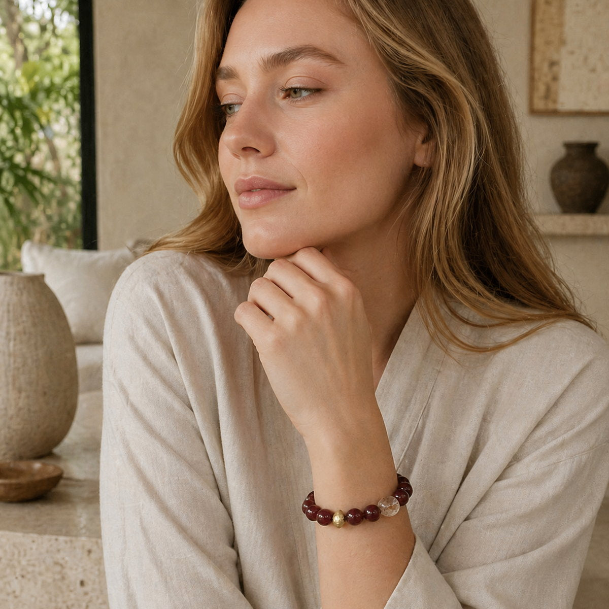 Red agate solar ember bracelet worn in a calm natural interior setting by Veyra Grove